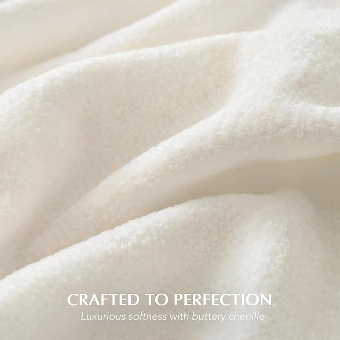 EverGrace Soft Chenille Throw Blanket for Couch, Cozy Plush Fuzzy Decorative Chenille Knit Throw Blanket with Tassels, Lightweight Blanket and Throws for Bed Sofa Gift Home Decor, Ivory White 50"x60"