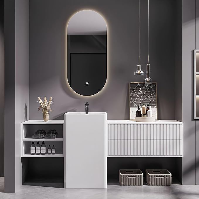 52Inch Freestanding Sink Bathroom Vanity, Wall-Mount Bathroom Cabinet with Open Storage and Striped Drawers, Solid Wood Bathroom Vanity with Smart Defog Mirror and Spacious Rock Plate Countertop