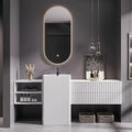 64Inch Freestanding Sink Bathroom Vanity, Wall-Mount Bathroom Cabinet with Open Storage and Striped Drawers, Solid Wood Bathroom Vanity with Smart Defog Mirror and Spacious Rock Plate Countertop