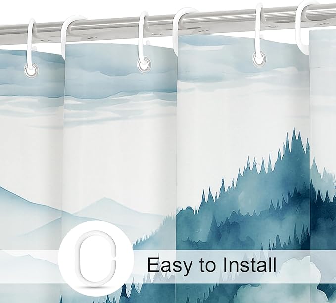 Peacock Blue Extra Long Misty Pine Forest Shower Curtain 72 x 84, XL Mountain Foggy Woodland Scenery Tree Shower Curtains for Bathroom, Abstract Waterproof Nature-Themed Decor
