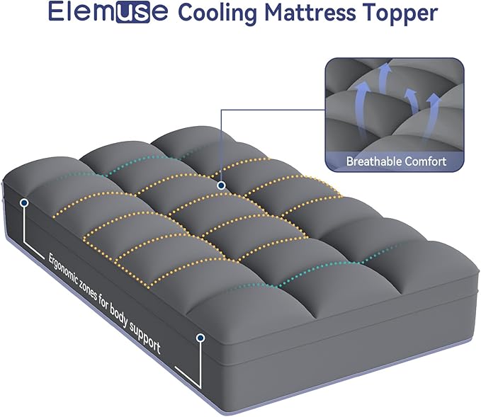 ELEMUSE Twin Grey Mattress Topper for Back Pain, Extra Thick Mattress Pad Cover, Plush Soft Pillowtop with Elastic Deep Pocket, Overfilled Down Alternative Filling