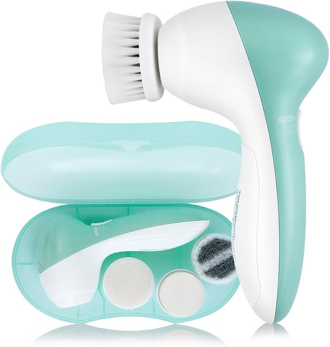 Electric Facial Cleansing Brush for Women, 3-in-1 Face Cleanser and Exfoliator Brush with 3 Brush Heads, 2 Speeds, Waterproof Spin Brush, Portable Travel Case (Green, Battery Operated)