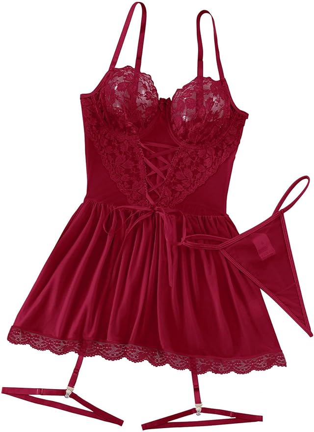Lilosy Sexy Garter Belt Mesh Lace Babydoll Lingerie Dress Set with Thong