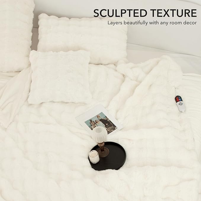Faux Fur Heated Blanket Throw White - Luxury Fluffy Rabbit Bubble Electric Blanket with 6 Heating Levels, 4 Time Settings, Ideal Gift for Women, Machine Washable (50"x60")