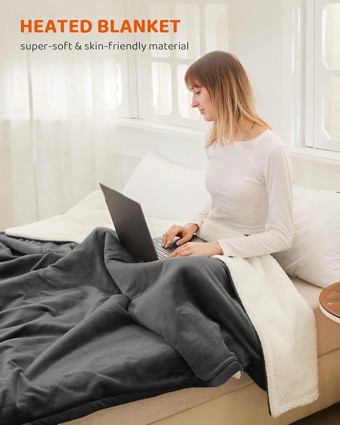 Heated Blanket Electric Blanket Throw Size, Super Soft Cozy Upgraded Flannel Heating Blanket with 9 Heating Levels & 1-9 Hours Auto Off, Fast Heating & Overheat Protection, 50" x 60", Iron Gray