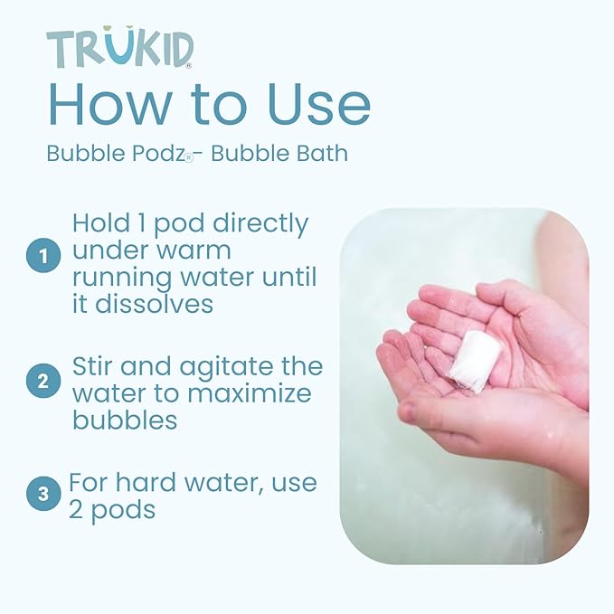 TruKid Bubble Podz Bubble Bath for Kids, Toddlers, & Babies, NEA-Accepted for Eczema, Gentle Refreshing Colloidal Oatmeal Bath Bomb for Sensitive Skin, pH Balanced, Tear Free, Unscented (24 Podz)