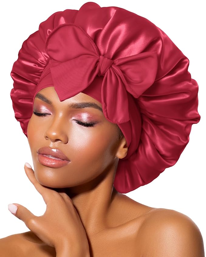 BONNET QUEEN Satin Bonnet Silk Bonnet for Sleeping Women Hair Bonnet Night Sleep Cap Scarf Wrap for Curly Hair with Tie Band Red Burgundy