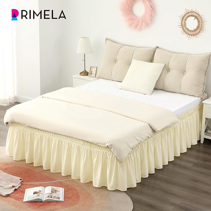 RIMELA Cream Yellow Bed Skirt Queen Size 15 Inch Drop, Elastic Bed Skirting for Bed Base and Frame, Bedding Dust Ruffle Easy to Install, Lightweight Comforter Set with Wrap Around Adjustable Bedskirt
