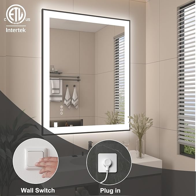 SMIROR 28x 36 Inch Lighted Mirrors with Black Frame for Bathroom Wall, Smart Led Vanity Mirrors, Front and Backlit, Dimmable, Anti-Fog, Memory, Shatterproof, ETL Listed (Horizontal/Vertical)