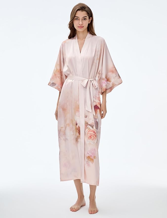 PRODESIGN Kimono Robe for Women - Long Satin Sleepwear Silky Kimono Cover-Up Nightgown Japanese Bathrobe Loungewear Blouse