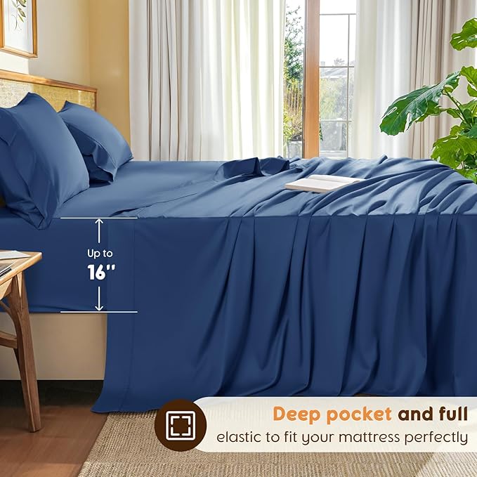 LBRO2M 100% Cotton Sheets Set Queen Size 600 Thread Count 4 Piece Sets Bed Sheet Deep Pocket Up to 16" Soft Comfortable All Season (Queen, Navy Blue)