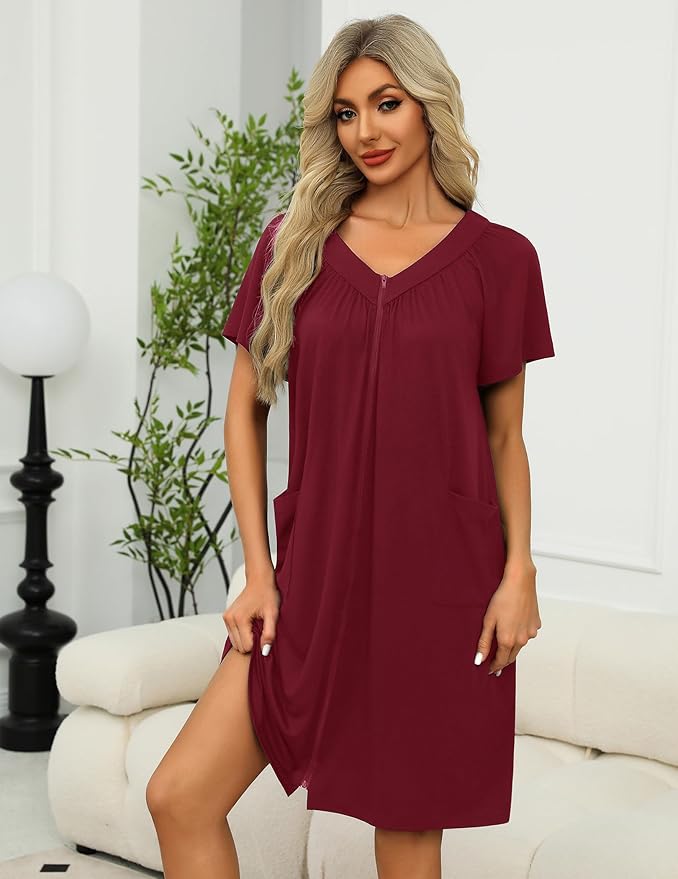 Ekouaer Women Robe Zipper Front Mumu Duster Robes Zip Up Housecoat Soft Sleepwear with Pockets S-3XL