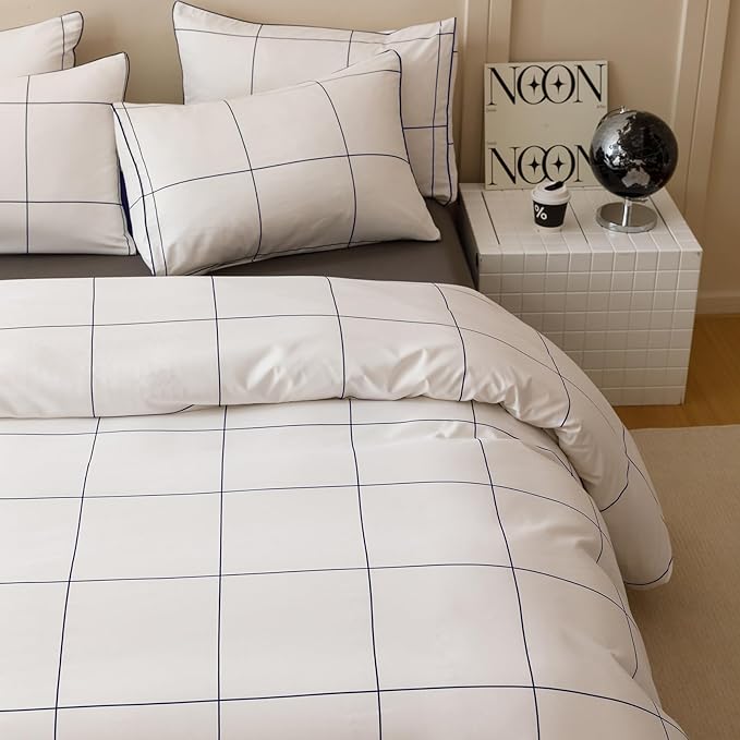 KAREVER White Grid Comforter Queen Women Navy Blue Square Lines Checkered Bedding Set Queen White Plaid Comforter Queen Size