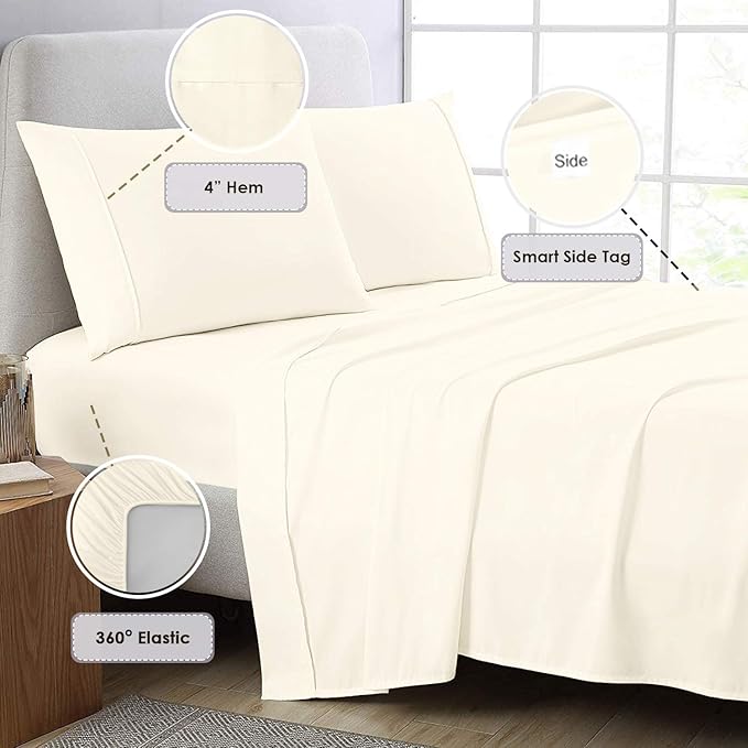 Pizuna Pure 100% Cotton California King Size Sheets, 800 Thread Count Long Staple Cotton Crisp Sateen Sheets with 15in Deep Pocket (Combed New Ivory)