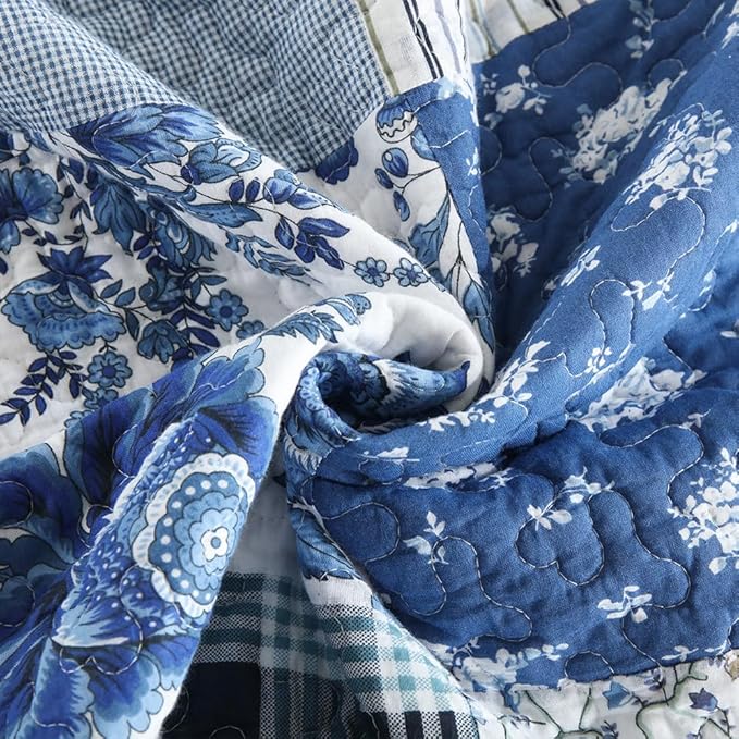 Cotton Bedspread Quilt Bedding Sets 3 Pieces Reversible Coverlet Sets Comforters Rustic Floral Patchwork Blue White Bedspread, King Size