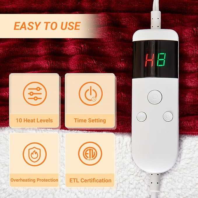 Heated Blanket Electric Throw, Soft Flannel Heating Blanket with 8 Hours Auto Off 10 Fast Heating Levels Machine Washable Sherpa Heated Blanket with Overheating Protection