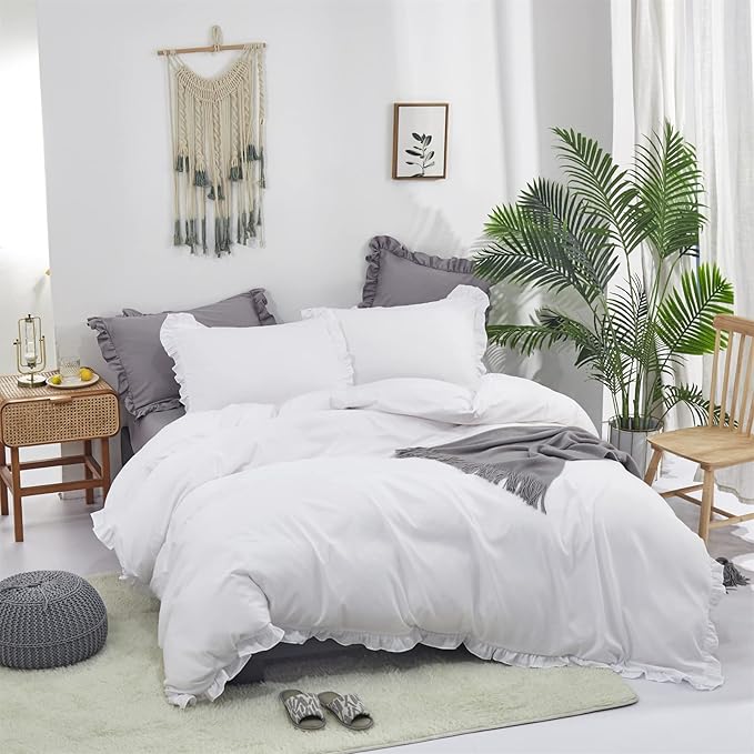Cottonight Ruffle White Comforter Set California King Farmhouse Shabby Bedding Comforter Set Ruffled Friange White Blanket Quilts Cotton Soft Breathable Bedding Set for Cal King Bed