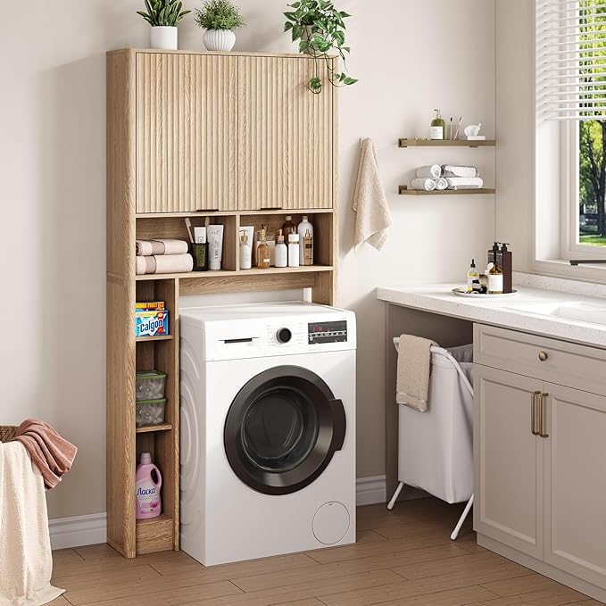 31" W Over The Toilet Storage Cabinet with Fluted Door, Oak Bathroom Organizer with Adjustable Shelf, Natural Toilet Paper Holder Stand Wave Door for Restroom, Laundry Room