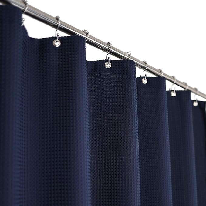 Barossa Design Long Waffle Weave Shower Curtain 71" W x 78" H - Hotel Luxury Spa, 230 GSM Heavy Weighted Fabric, Water Repellent, Navy Blue, 71x78
