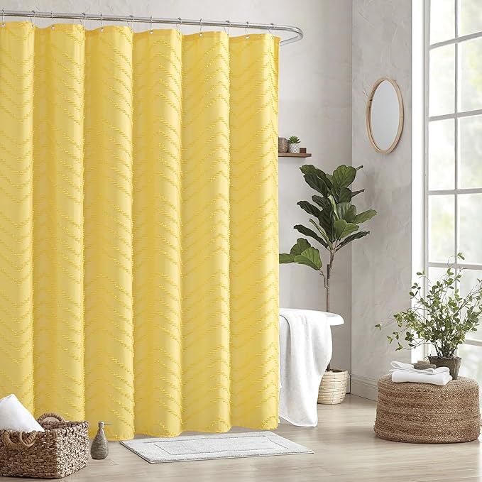 78inches Long Yellow Shower Curtain Boho Farmhouse Shower Curtain 72 x 78 Tufted Chevron Textured Minimalist Shower Curtains for Bathroom