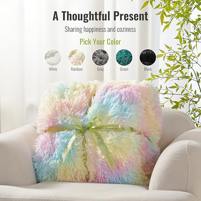 Uttermara Faux Fur Weighted Blanket Queen Size 15 lbs 60x80 inches, Warm Sherpa Weighted Blankets for Adults, Thick Heavy Blanket with Soft Plush Fleece & Cozy Sherpa Great for Relax, Rest, Rainbow