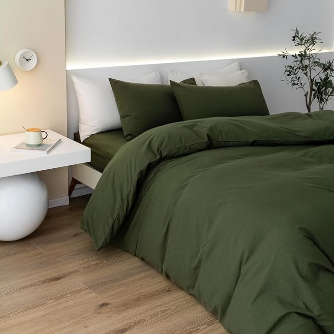 JIYUAN 100% Washed Cotton Duvet Cover Set 3 Pieces Oversized Queen, 1 Duvet Cover 98x98 Inches(Comforter Not Included) and 2 Pillowcases,Linen Feel Bedding Set Comfy and Breathable,Olive Green