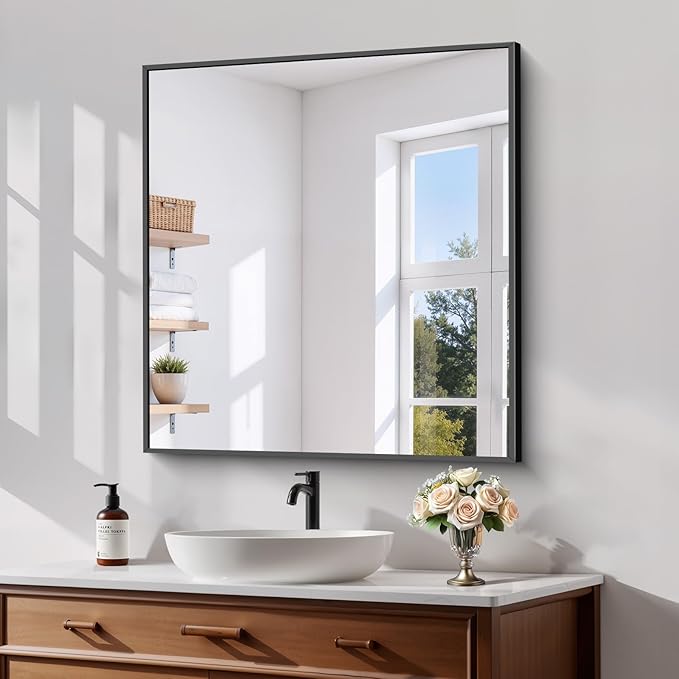 Koonmi Black Framed Bathroom Mirror - Shatterproof 30"x22" Tempered Glass, HD No Distortion, Horizontal/Vertical Mount, Modern Matte Aluminum Alloy Frame
