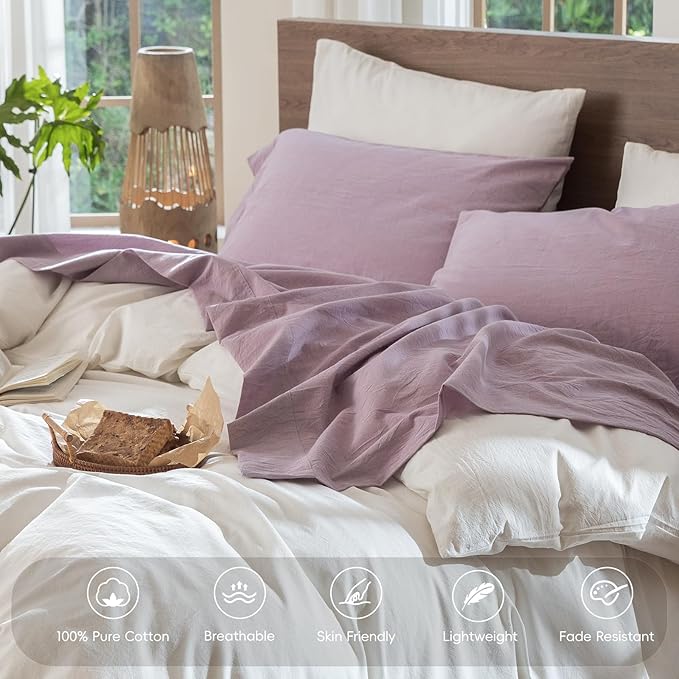 MooMee Bedding Sheet Set 100% Washed Cotton Linen Like Textured Breathable Durable Soft Comfy (Heathered Light Purple, California King)