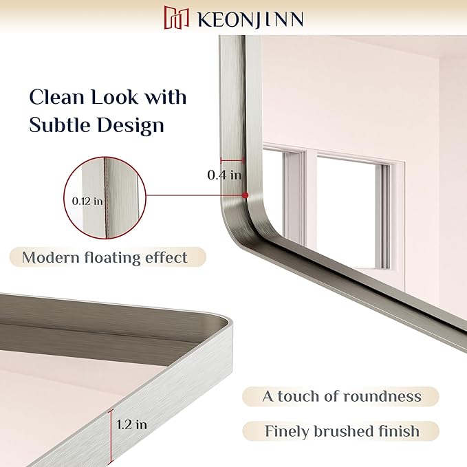 Keonjinn Brushed Nickel Mirror 24 x 32 Inch Silver Bathroom Mirror for Over Sink, Rounded Rectangle Farmhouse Vanity Mirror, HD Tempered Glass Wall Mirror, Aluminum Alloy Frame (Horizontal/Vertical)