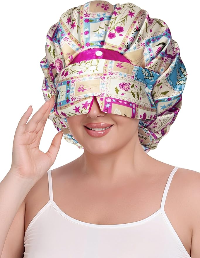Pleated Silk Sleeping Bonnet with Eye Mask Double Layer Satin Hair Bonnets Sleep Cap for Curly Natural Hair