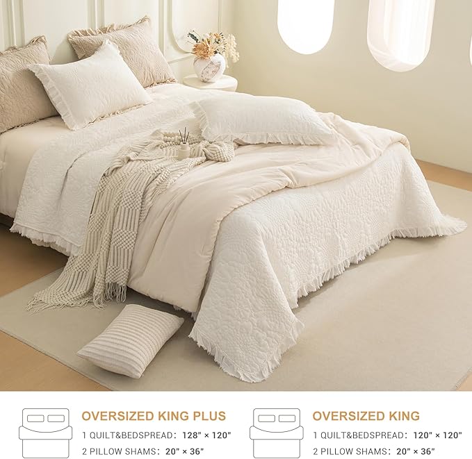 QSH Milk White Stonewashed Cotton Oversized King Quilt Bedspread Set(128"x120"),3PCs Farmhouse Ruffled Bedspread California King, Soft Lightweight Shabby Crinkled Quilt Coverlet Bed with Pillow Shams