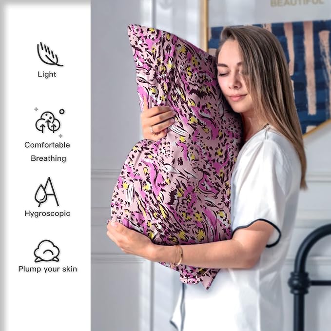 Mulberry Silk Pillowcase for Hair and Skin Standard Size Leopard Print Silk Pillow Cases with Zipper Soft Breathable Smooth Cooling Silk Pillow Covers for Sleeping (Pink Paint,20"X 26",1Pcs)