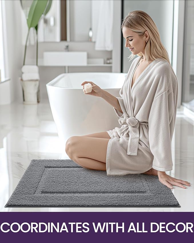 DEXI Bathroom Rugs 43x24, Washable Non Slip Bath Mat for Shower Floor, Absorbent Quick Dry Bathmat with Rubber Backing, Ultra Soft Plush Carpet for Tub, Grey