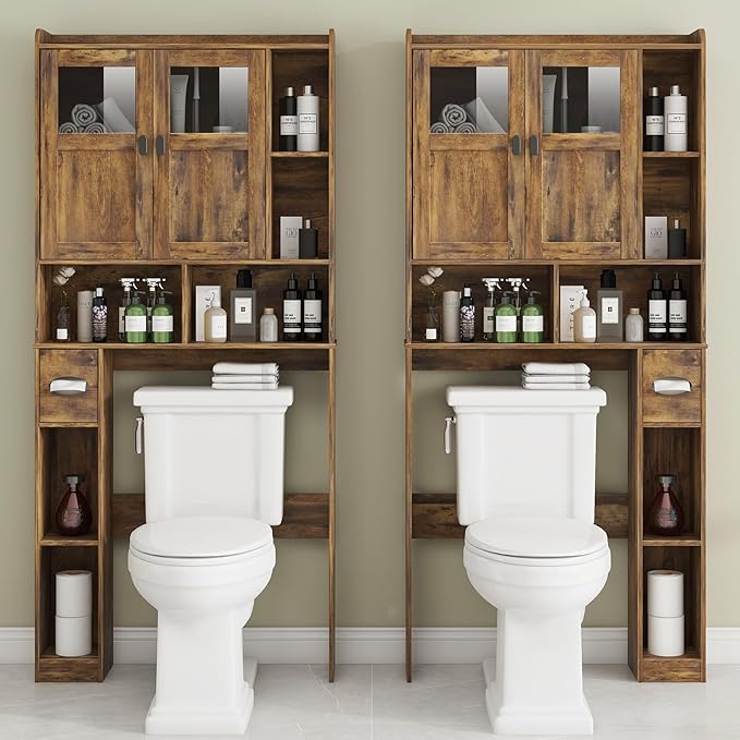 Vabches Over The Toilet Storage Cabinet, Bathroom Shelf Over Toilet with Glass Doors and Adjustable Shelves, Brown Freestanding Home Space Save Toilet Rack, for Restroom, Bathroom, Laundry