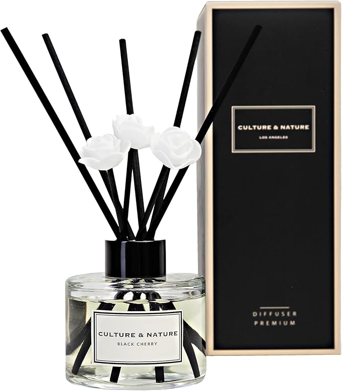 CULTURE & NATURE Reed Diffuser Set 4oz (120ml) Black Cherry Scented Diffuser with Sticks Home Fragrance Reed Diffuser for Bathroom Shelf Decor