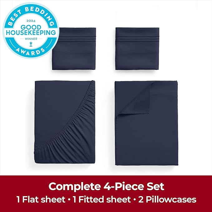 Mellanni Extra Deep Full Sheets - 4 PC Iconic Collection Bedding - Hotel Luxury, Ultra Soft, Cooling Bed Sheets - Wrinkle, Fade, Stain Resistant (Full, Navy Blue)