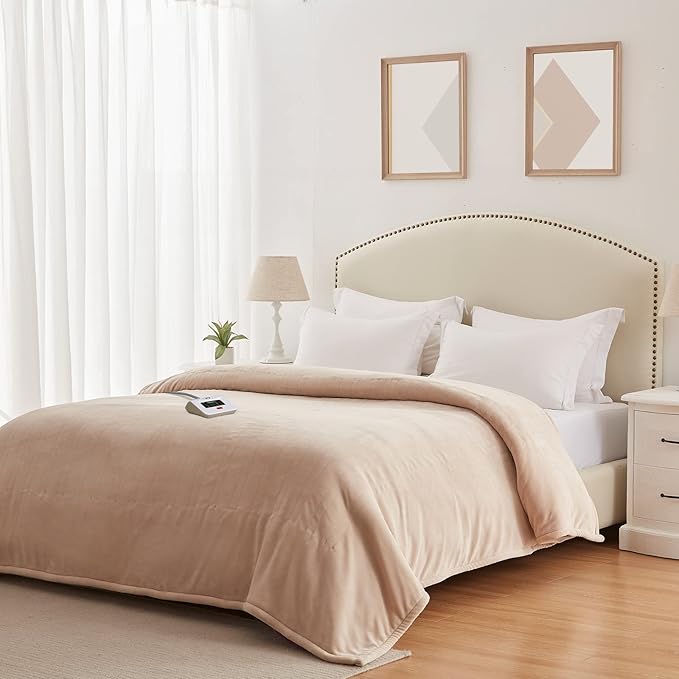 Sealy Electric Blanket Full Size, Flannel Heated Blanket with10 Heating Levels & Auto Shut Off, Machine Washable, Beige, 80 x 84 Inch