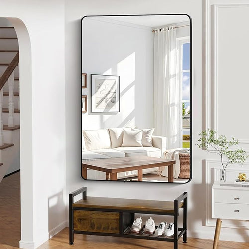 60" x 40"Bathroom Mirror, Matte Black Wall Mirror with Metal Frame, Decorative Rectangular Vanity Mirror for Bedroom Bathroom Living Room Entryway (Horizontal/Vertical)