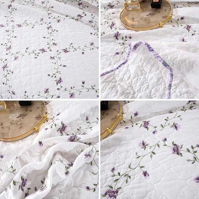 vctops 3-Piece Elegant Floral Embroidered Bedspread Coverlet Set Twin Size 100% Cotton Reversible Patchwork 1 Quilt and 2 Pillow Shams (Purple,Twin)
