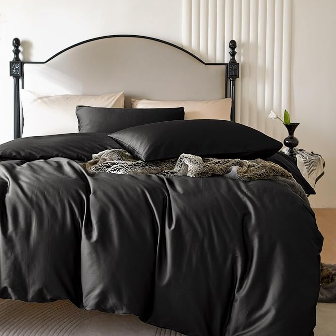 PURE ERA Duvet Cover Set 800 Thread Count Long Staple Cotton Sateen Soft Luxurious Smooth 3 Piece Set Black Full
