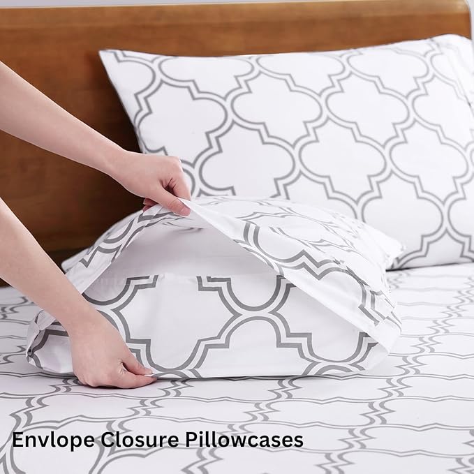 LANE LINEN 100% Organic Cotton Twin XL Sheet Set, Low Pilling Printed Fade Resistant Machine Washable Extra Long Twin Bedding Set, Soft & Comfy Printed Cotton Sheets - Trellis