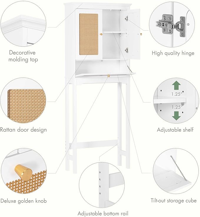 Spirich Over The Toilet Storage Cabinet with Rattan Doors, Over Toilet Bathroom Organizer with Tilt-Out Cube and Adjustable Shelf