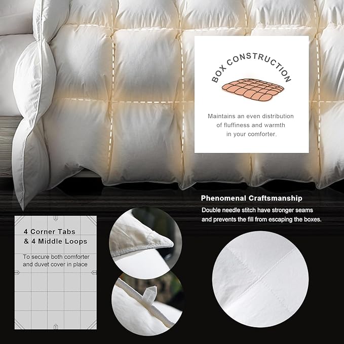 Royoliving Premium Feathers Down Duvet Insert Comforter Oversized King Size All Season Medium Warmth White 100% Cotton Cover with Corner Tabs (120x98, 77 oz)