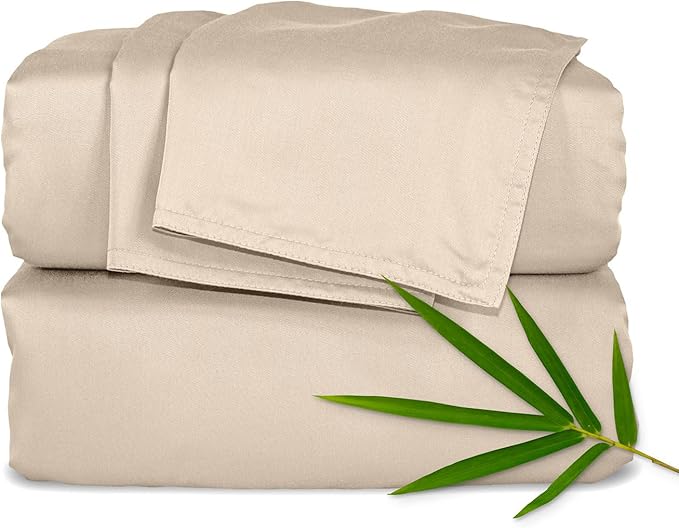 Pure Bamboo Split King Sheets, Genuine 100% Organic Viscose Derived from Bamboo Bed Sheet Set, Soft & Cooling, Double Stitching *Not for Split Top (Split King, Almond)