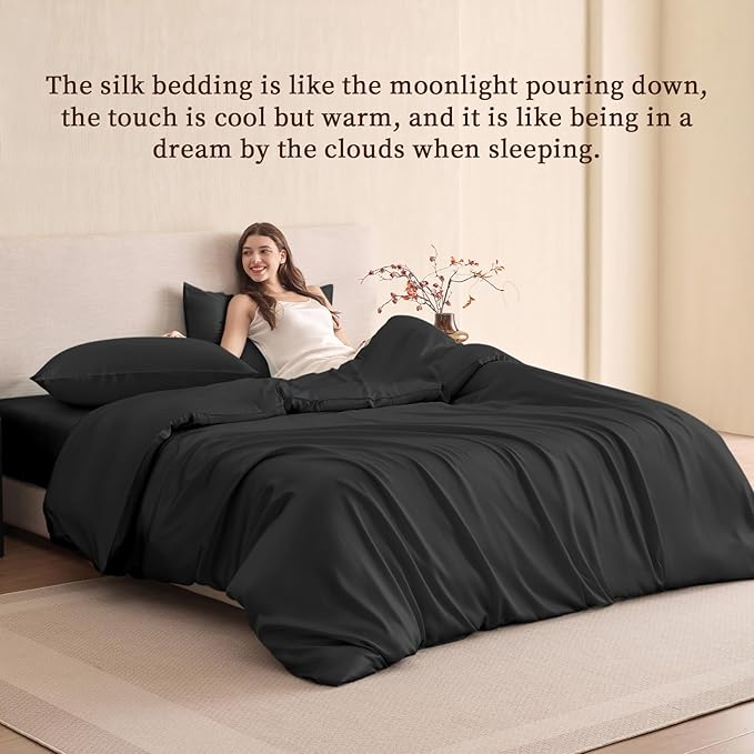 THXSILK 100% Pure Mulberry Silk Duvet Cover Set 3 Piece, 6A+ Grade Luxury Soft Bedding Silk Sheets for Hair and Skin, 1 Pcs Duvet/Quilt/Comforter Cover with 2 Zippered Pillowcases (Black, Cal. King)