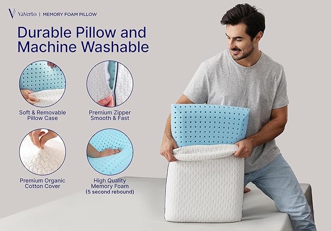 Vaverto Queen Memory Foam Pillow – Cooling Gel-Infused Firm Support for Neck and Shoulder Pain Relief, Orthopedic Design with Removable Viscose Made from Bamboo Cover – Premium Queen Size Bed Pillow