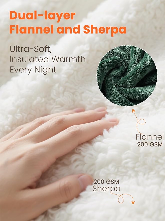 Electric Heated Blanket Twin, Ultra‑Cozy Premium Flannel & Sherpa, Even Heat Distribution & Stable Temp, 1–10H Auto‑Off, 8 Temps (86–125.6°F), Overheat Protection, Ideal Gifts for Grandma