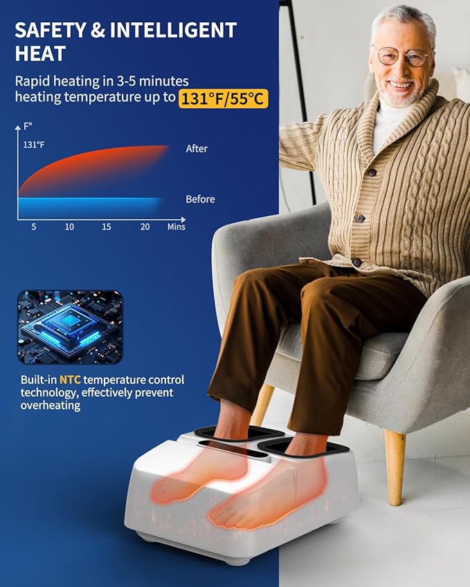 MOUNTRAX Foot Massager Machine with Heat, Foot Massager for Plantar Fasciitis, Neuropathy Pain, Shiatsu Foot Massager with Remote, Fits Feet Up to Men Size 12 (White)