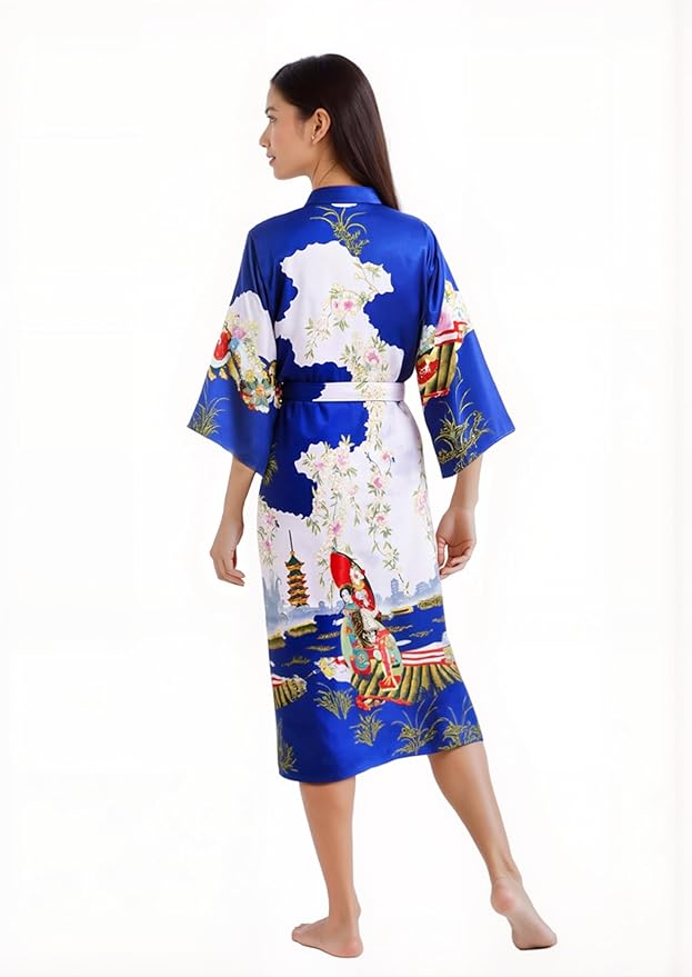 PRODESIGN Kimono Robe for Women - Long Satin Sleepwear Silky Kimono Cover-Up Nightgown Japanese Bathrobe Loungewear Blouse