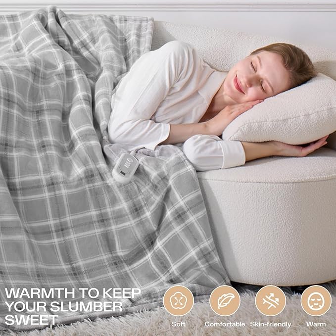 Heated Blanket Electric Twin, Heating Blanket with 8 Fast Heating Levels & 10 Hours Auto Shut-Off, Grey White Plaid Washable Warm Soft Flannel Blanket Gift for Couch Bed Office, ETL Certified